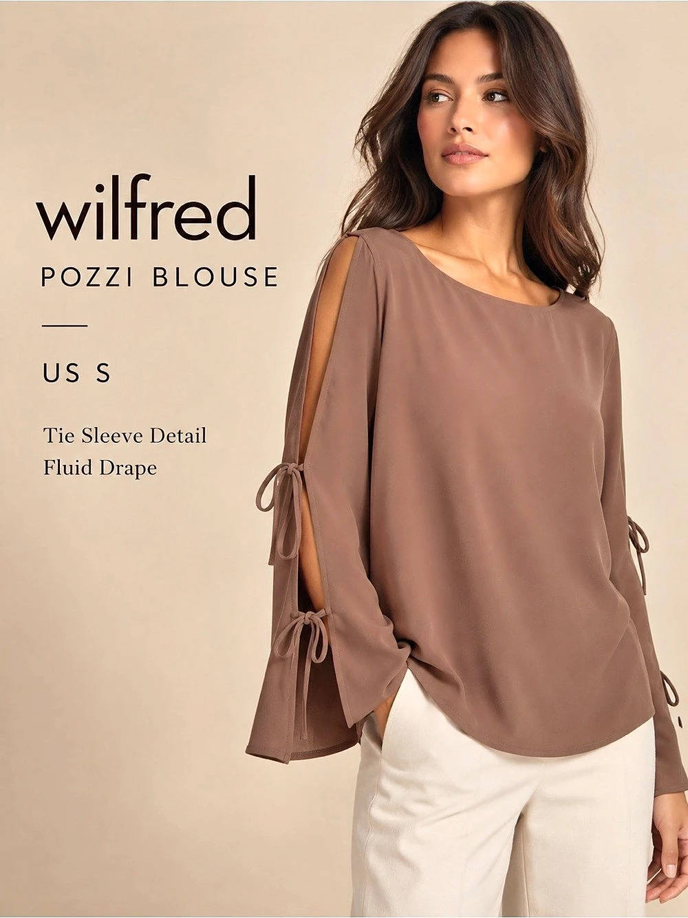 Wilfred Aritzia Pozzi Blouse Brown Tie Split Sleeve Top Size S